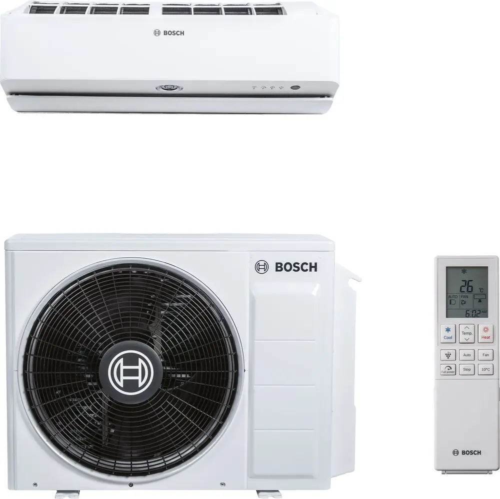 Split-Klimagerät der Marke Bosch mit Inneneinheit und Außeneinheit, ausgestattet mit einem Ventilator und einer Fernbedienung zur Temperaturregulierung.